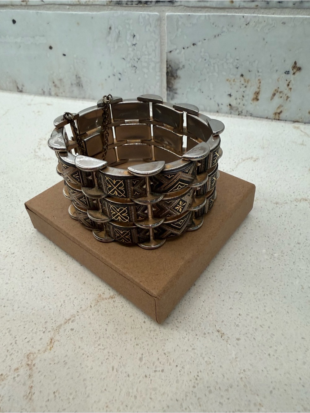 Vintage Gold and Silver-Tone 3 Row Damascene Art Deco Hinged Bracelet
